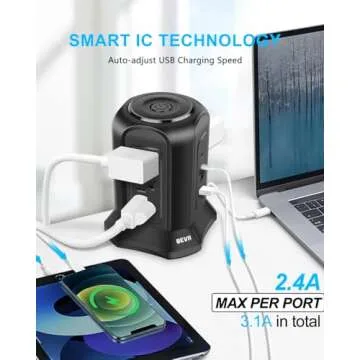 BEVA Tower Surge Protector Power Strip, Desk Charging Station with 9 AC Outlet and 4 USB Ports, 18AWG 6.5 FT Extension Cord, 3-Prong Flat Plug, Multiple Outlets for Office Dorm Apartment Essentials