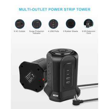 BEVA Tower Surge Protector Power Strip, Desk Charging Station with 9 AC Outlet and 4 USB Ports, 18AWG 6.5 FT Extension Cord, 3-Prong Flat Plug, Multiple Outlets for Office Dorm Apartment Essentials