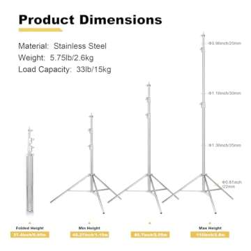 Heavy Duty Light Stand 9.18ft/2.8m Stainless Steel Light Stand for Head Light, Strobe Light, Softbox, and Other Photography Equipment