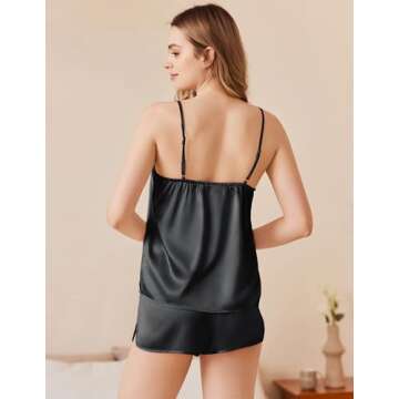 Ekouaer Silk Pajamas Set for Women Satin Camisole Sleepwear Lingerie V-Neck Cami Top and Shorts Pjs Black