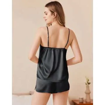 Ekouaer Silk Pajamas Set for Women Satin Camisole Sleepwear Lingerie V-Neck Cami Top and Shorts Pjs Black