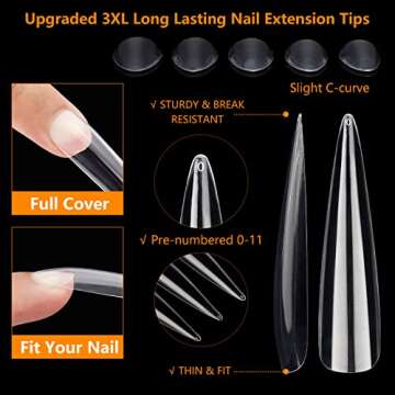 360Pcs Clear Nail Tips for Acrylic Nails Professional, XXXL Extra Long Stiletto Acrylic Nail Tips, Full Cover Fake Nails, Nail Extension False Nails for Manicure Salon Home DIY Nail Art 12 Sizes Box