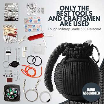 Holtzman's Gorilla Survival Paracord Emergency Carabiner Grenade - Grenade-Tied 550 Parachute Cord Packed with 48 Tools for Essential Survival (Black)