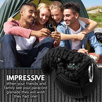 Holtzman's Gorilla Survival Paracord Emergency Carabiner Grenade - Grenade-Tied 550 Parachute Cord Packed with 48 Tools for Essential Survival (Black)