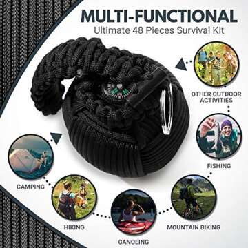 Holtzman's Gorilla Survival Paracord Emergency Carabiner Grenade - Grenade-Tied 550 Parachute Cord Packed with 48 Tools for Essential Survival (Black)