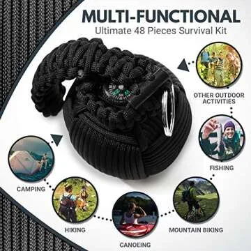 Holtzman's Gorilla Survival Paracord Emergency Carabiner Grenade - Grenade-Tied 550 Parachute Cord Packed with 48 Tools for Essential Survival (Black)