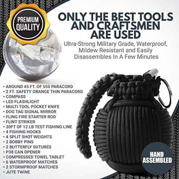 Holtzman's Gorilla Survival Paracord Emergency Carabiner Grenade - Grenade-Tied 550 Parachute Cord Packed with 48 Tools for Essential Survival (Black)