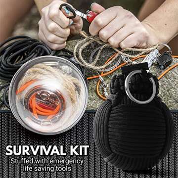 Holtzman's Gorilla Survival Paracord Emergency Carabiner Grenade - Grenade-Tied 550 Parachute Cord Packed with 48 Tools for Essential Survival (Black)