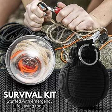 Holtzman's Gorilla Survival Paracord Emergency Carabiner Grenade - Grenade-Tied 550 Parachute Cord Packed with 48 Tools for Essential Survival (Black)