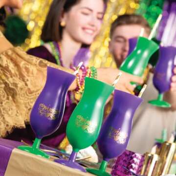 Fun Express Mardi Gras Hurricane Plastic Cups - Bulk Set of 12, Each Holds 16 oz - Party Supplies, Drinkware, Reusable Cups Purple and Green