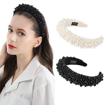 QIANXUAN Fashion Headbands For Women's Hair White Pearl Headbands For Girls Black Padded Headband Rh...