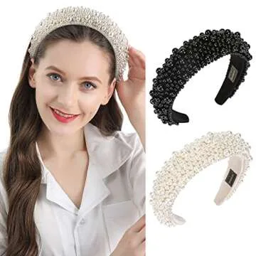 QIANXUAN Fashion Headbands For Women's Hair White Pearl Headbands For Girls Black Padded Headband Rhinestones Beading Pearls Hair Accessories Design Elegant Wide Hairbands