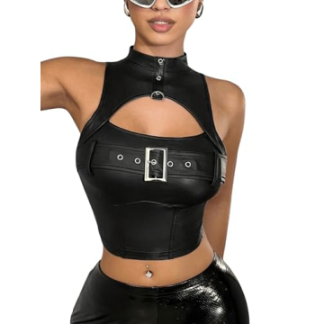 BEAUDRM Women's Faux Leather Tank Top High Neck Cut Out Buckle Front Slim Fit Y2k Crop Tops Black Sm...
