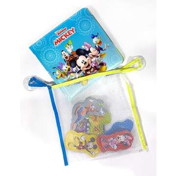 Disney Junior Mickey Bath Time Books - Activity Books for kids, Bath book, 6 Padded suction cups, 1 Mesh bag