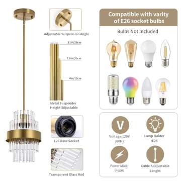 IkirourI Pendant Light Fixtures, 7inch Modern Glass Pendant Lighting, Brass Color Kitchen Island Pendant Lights, Height Adjustable Pendant Lighting (Brass Color, 1 Pack)