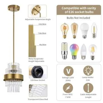 IkirourI Pendant Light Fixtures, 7inch Modern Glass Pendant Lighting, Brass Color Kitchen Island Pendant Lights, Height Adjustable Pendant Lighting (Brass Color, 1 Pack)