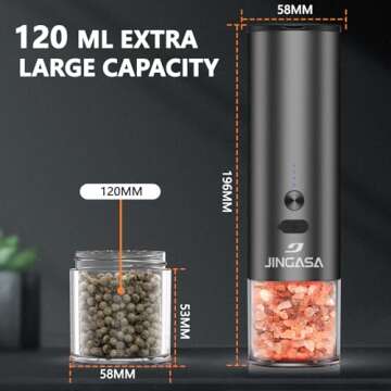 [Upgraded Larger Capacity]Electric Salt and Pepper Grinder Set, USB Rechargeable Automatic Salt and Pepper Shakers Set with Visual Power Reminder, 4oz Large Capacity with Adjustable Coarseness（Black）