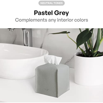 carrotez Tissue Box Cover, [Refined] Modern PU Leather Square Tissue Box Holder - Decorative Holder/Organizer for Bathroom Vanity Countertop, Night Stands, Office Desk & Car 5"X5"X5" - Pastel Grey