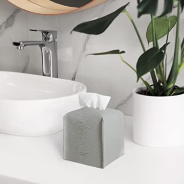 carrotez Tissue Box Cover, [Refined] Modern PU Leather Square Tissue Box Holder - Decorative Holder/Organizer for Bathroom Vanity Countertop, Night Stands, Office Desk & Car 5"X5"X5" - Pastel Grey