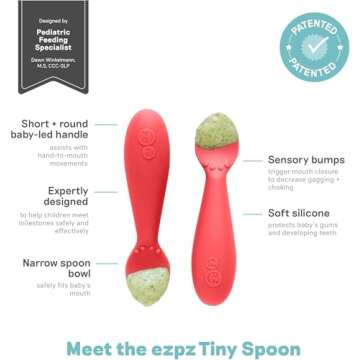 ezpz Tiny Spoon (2 Pack in Coral) - 100% Silicone Baby Spoon for Baby Led Weaning + Purees - 6 Months + - Designed by a Pediatric Feeding Specialist - Baby Essentials & Baby Gifts
