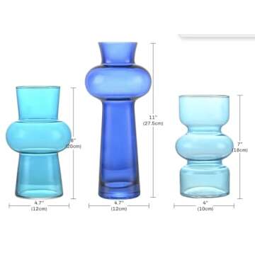 Parlamain Blue Bubble Glass Vases Set of 3, Colored Decorative Flower Vase, Aesthetic Room Decor for...