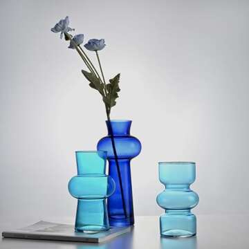 Parlamain Blue Bubble Glass Vases Set of 3, Colored Decorative Flower Vase, Aesthetic Room Decor for Boho Modern Home Decor, Centerpiece and Coffee Table, Entryway Decoration, 11/8/7 Inch Tall