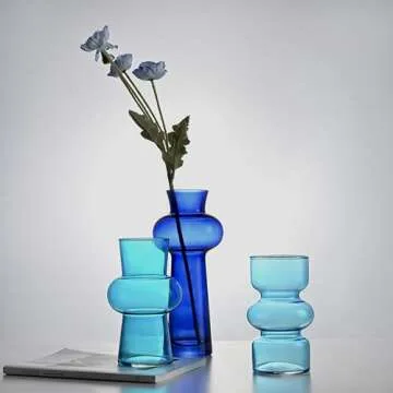 Parlamain Blue Bubble Glass Vases Set of 3, Colored Decorative Flower Vase, Aesthetic Room Decor for Boho Modern Home Decor, Centerpiece and Coffee Table, Entryway Decoration, 11/8/7 Inch Tall