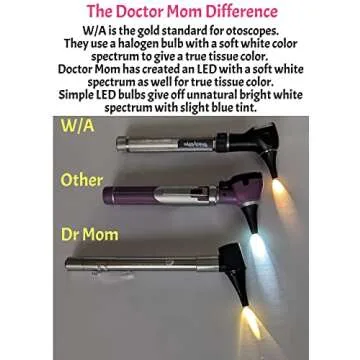 Third Generation Dr Mom Slimline Stainless LED Pocket Otoscope with Soft White Natural Hue Light Spectrum in Clamshell Packaging