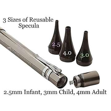Third Generation Dr Mom Slimline Stainless LED Pocket Otoscope with Soft White Natural Hue Light Spectrum in Clamshell Packaging