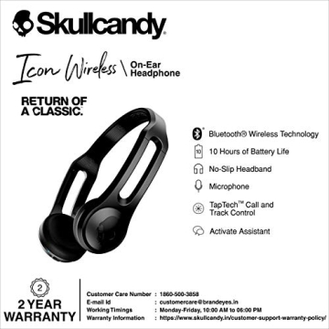 Skullcandy Icon Wireless Headphones Black Bluetooth 10H Battery