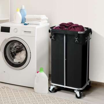 Laundry Basket with Wheels, Rolling Laundry Hamper with Removable Bag, 100L Laundry Sorter Cart, Narrow Slim Clothes Hamper Organizer with Sturdy Metal Frame, Black+Silver