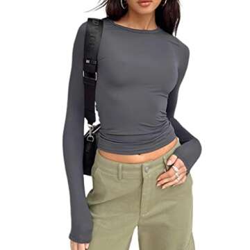 KMBANGI Women Sexy Slim Crop Shirt Long Sleeve Crewneck Fitted Tshirts Top Basic Solid Cropped Tee B...