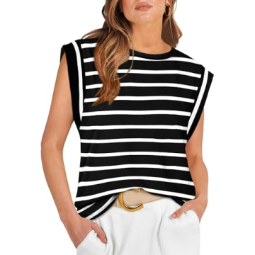 Trendy Black and White Striped Cap Sleeve High Neck Top for Women