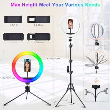 STALLY 14.4" Ring Light with Stand, 75" Tall Ring Light with Phone Holder and Wireless Remote, 12 Dimming Levels, 32 Color Modes LED Ring Light Tripod for iPhone, Live Stream, Makeup, YouTube, TikTok