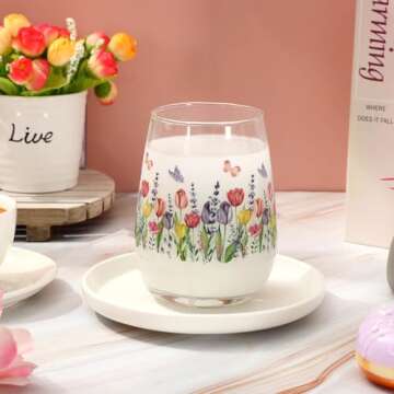 Whaline 2Pcs Stemless Wine Glasses with Floral Designs