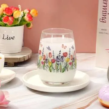 Whaline 2Pcs Stemless Wine Glasses with Floral Designs