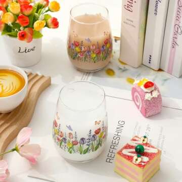 Whaline 2Pcs Stemless Wine Glasses with Floral Designs
