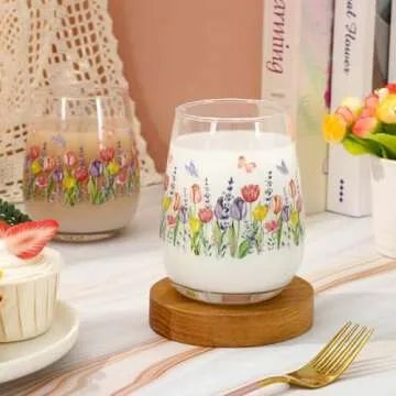 Whaline 2Pcs Stemless Wine Glasses with Floral Designs