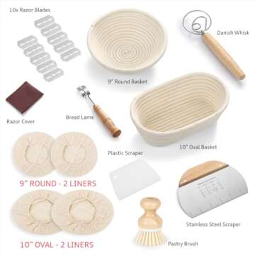 Saint Germain Bakery Premium Round Bread Banneton Basket with 4 Liners - Perfect Brotform Proofing Basket for Making Beautiful Bread (Bread Bundle (9 in. Round / 10 in. Oval))