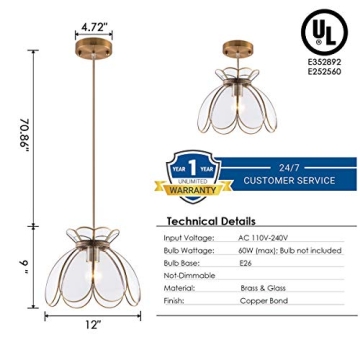 Yifi Deco 12" Vintage Brass Pendant Light Fixture