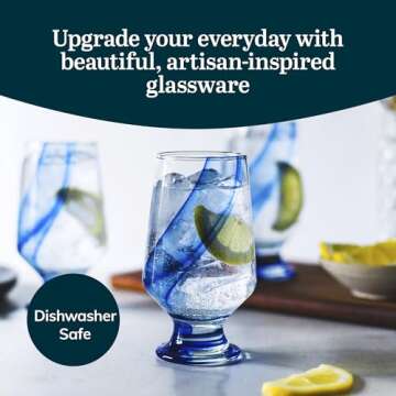 Libbey Blue Ribbon Goblet Glasses, Unique Blue Water Goblets Set of 8, Thick Stemmed Water Glasses f...