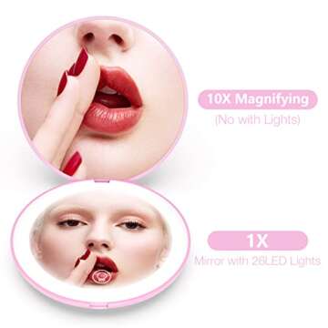 wobsion Rechargeable Travel Makeup Mirror with Light - 1X/10X Magnification, Dimmable & Compact, Per...
