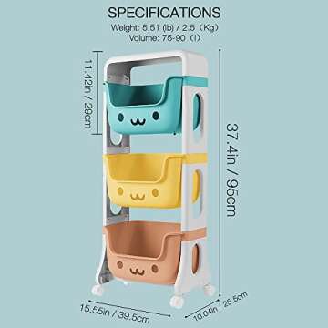 WillingHeart Kids Toy Storage Organizer 3-Tier Stackable Rolling Cart,Playful Colors Smiley Children Playroom Decor Doll Activity Rack Shelf Plastic Bins Box Mobile Move Everywhere with Caster Wheels