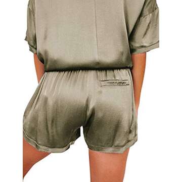 MEIVSO Women's Loose Fit Silky Satin Pajama Set 2 Piece Shorts Loungewear Olive, S