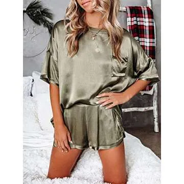 MEIVSO Women's Loose Fit Silky Satin Pajama Set 2 Piece Shorts Loungewear Olive, S