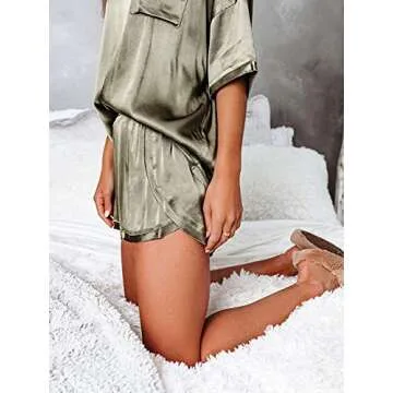 MEIVSO Women's Loose Fit Silky Satin Pajama Set 2 Piece Shorts Loungewear Olive, S