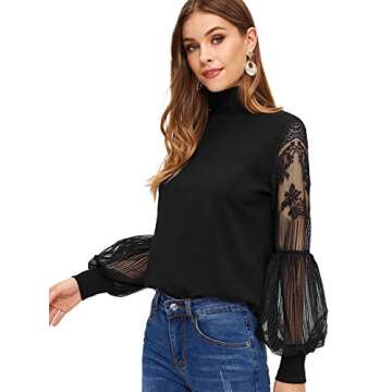 Floerns Women's Chic Lace Lantern Long Sleeve Blouse
