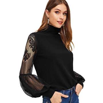 Floerns Women's Chic Lace Lantern Long Sleeve Blouse