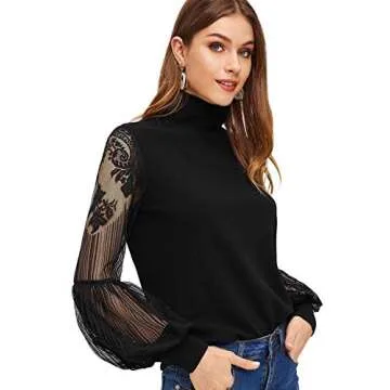 Floerns Women's Chic Lace Lantern Long Sleeve Blouse