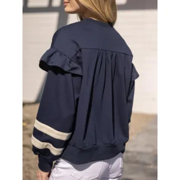 Yinawsky Womens Trendy Sweatshirt Casual Crewneck Long Sleeve Colorblock Striped Drop Shoulder Pullover(0294-NavyBlue-S)